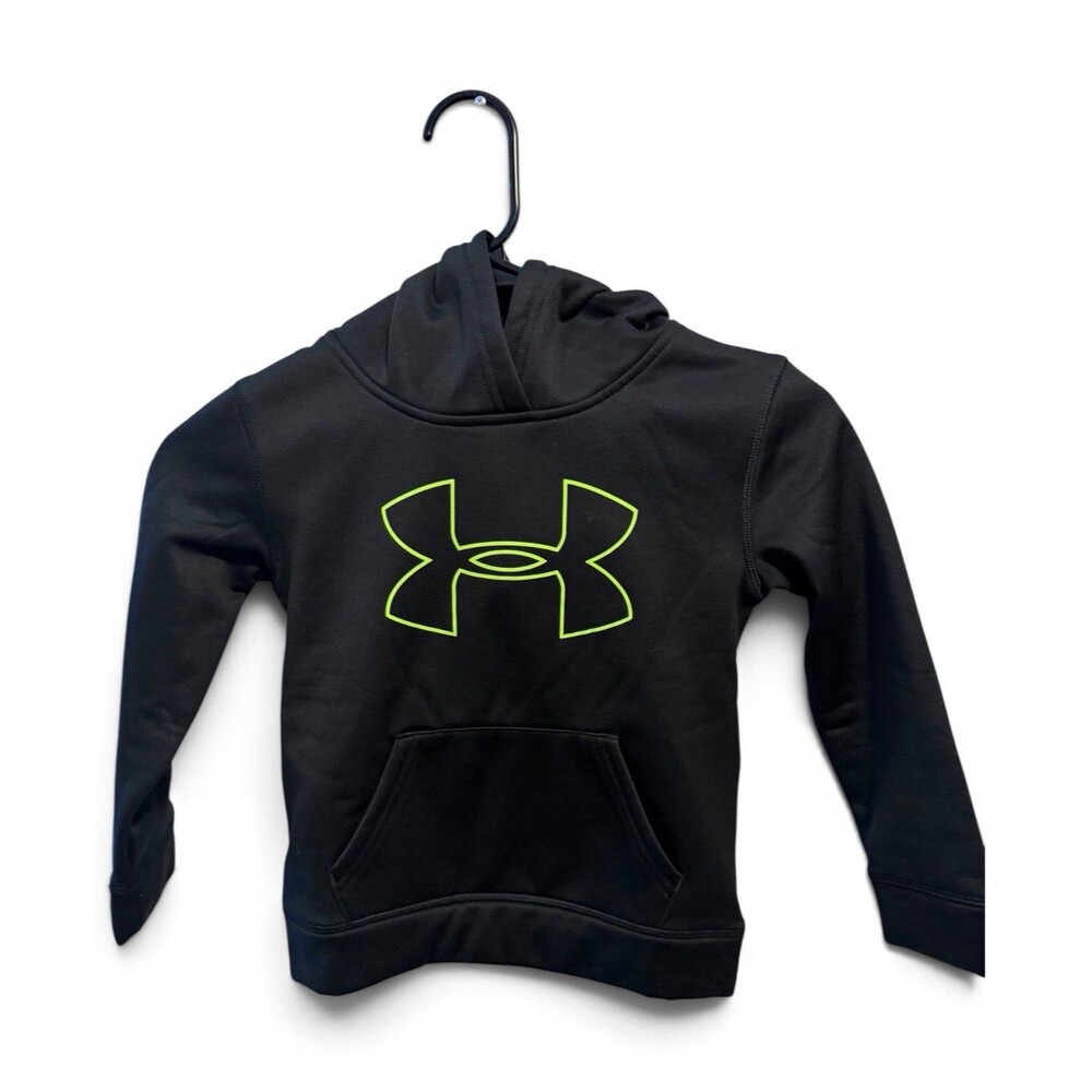 Under Armour Boys Black Hoodie Green Logo Hooded Pockets Long Sleeve Size YS